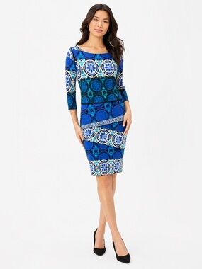 Joseph Ribkoff Geometric Print 3/4 Sleeve Sheath Dress Blue Size 6